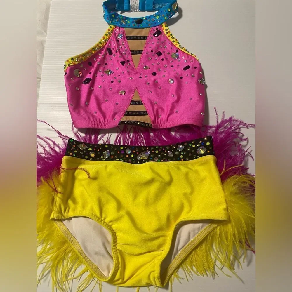 Custom solo dance costume sassy feather contemporary jazz 2 piece LC child/SA